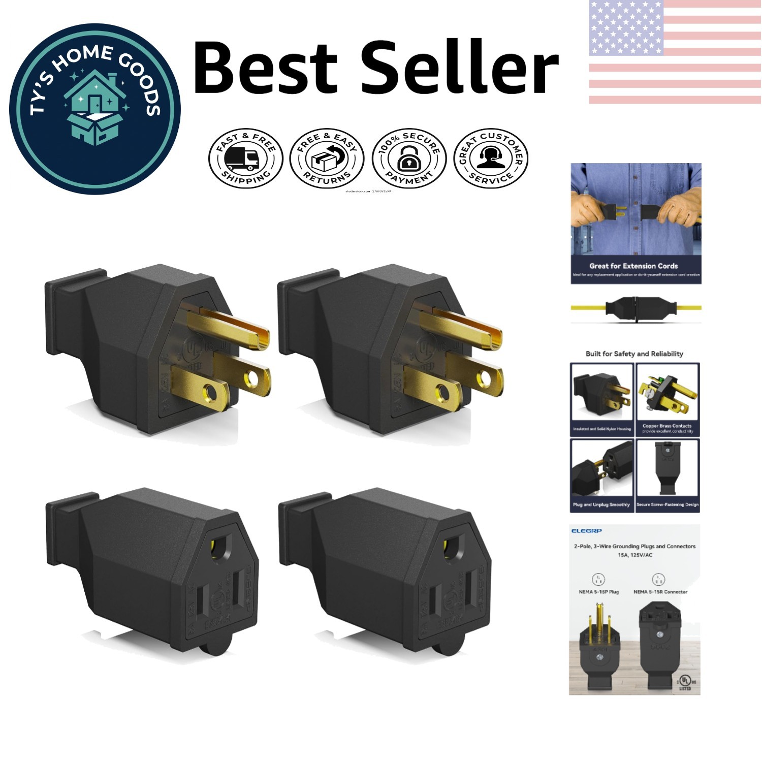 Black 15A 125V Plug and Connector Set - Toughened, Easy to Replace, 2 Count gallery