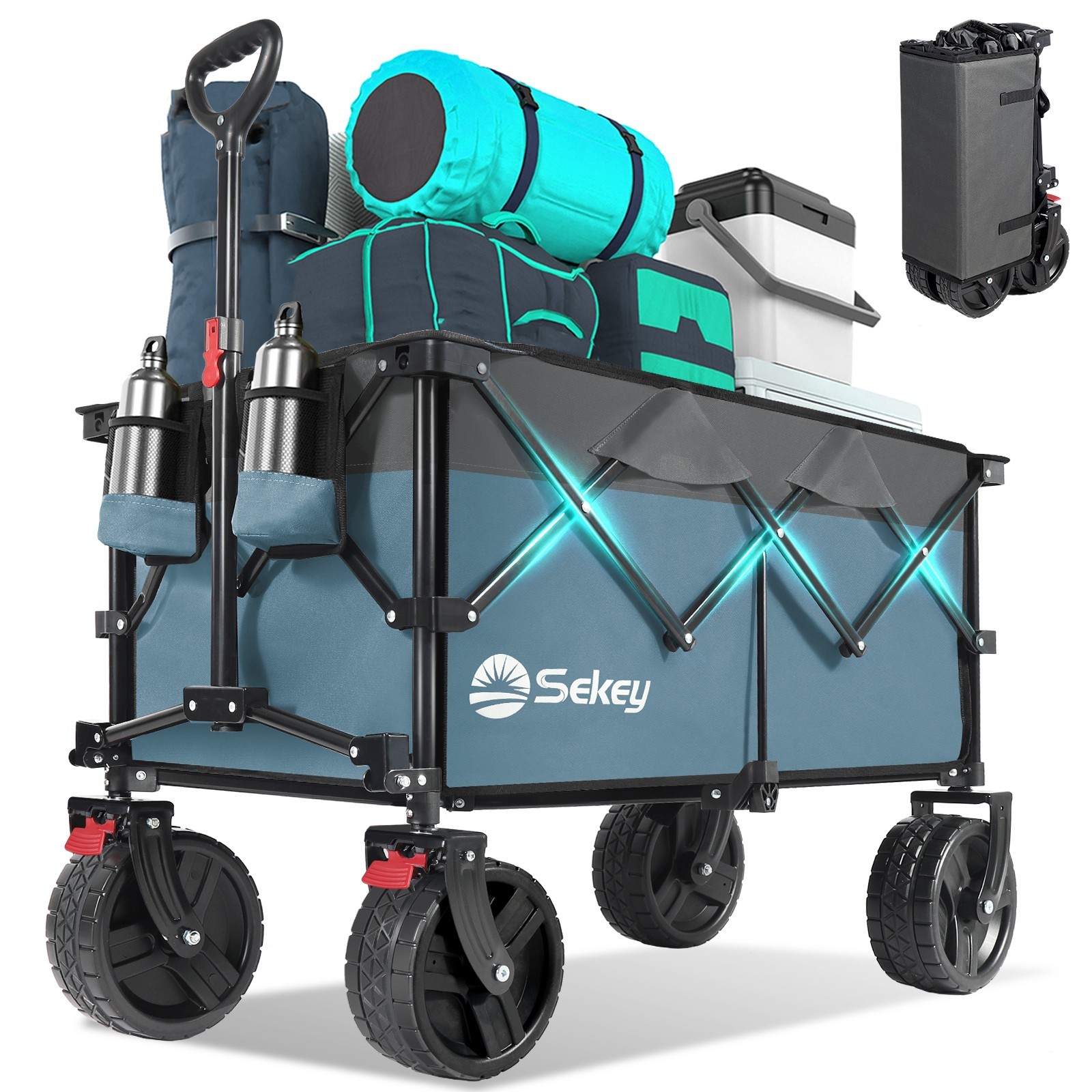 Collapsible Wagon: All-terrain beach wheels, cup holders Heavy-duty for outdoor gallery