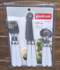 12pc Flatware Set w/White Handles (4 Dinner Forks/4 Serrated Knives/4 Spoons)