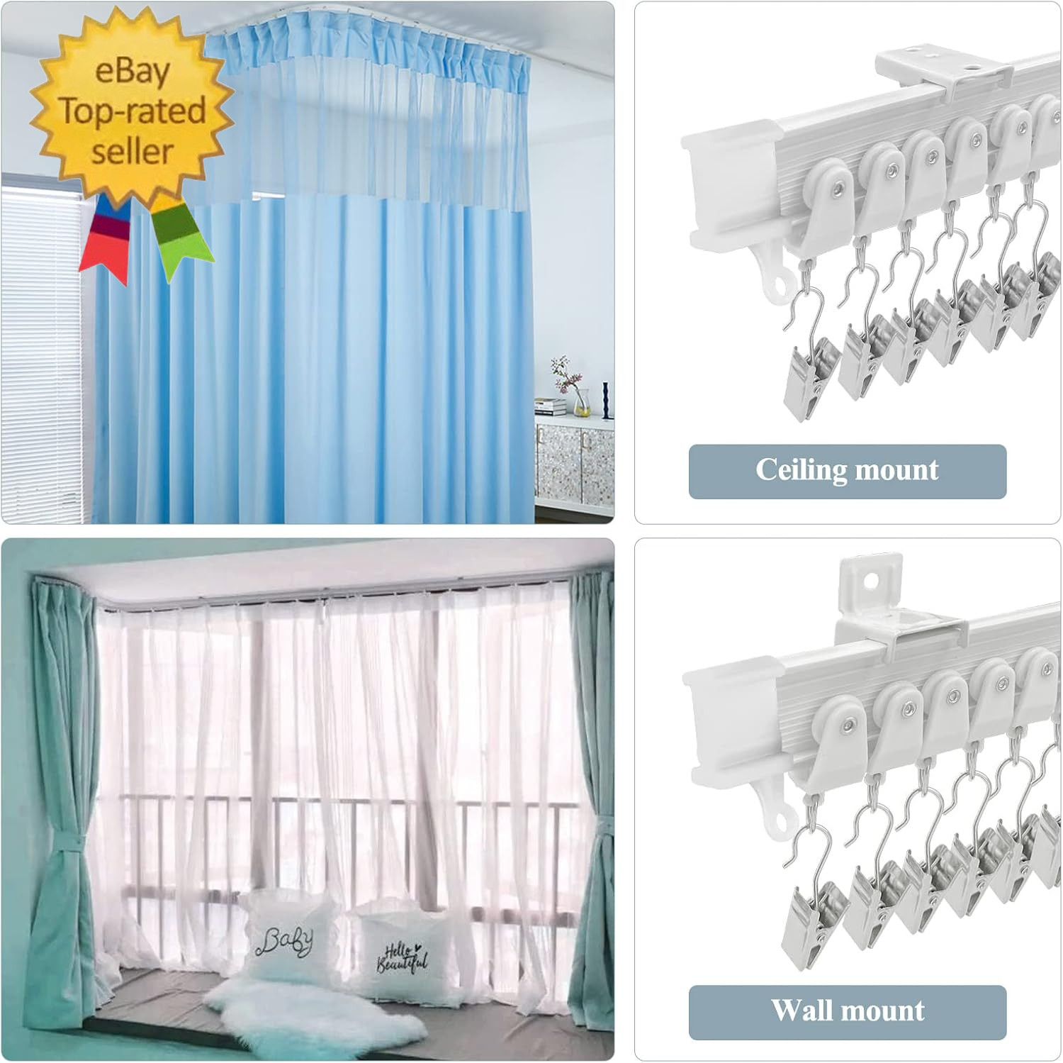 Ceiling Curtain Track, Flexible Bendable Curtain Rail System, 20Ft Wall Mount gallery