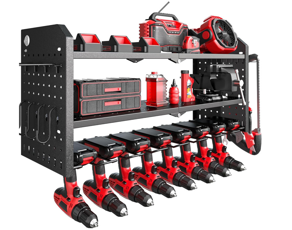 Power Tool Organizer Large 8 Drill Holder Wall Mount Heavy Duty Metal Tool Shelf