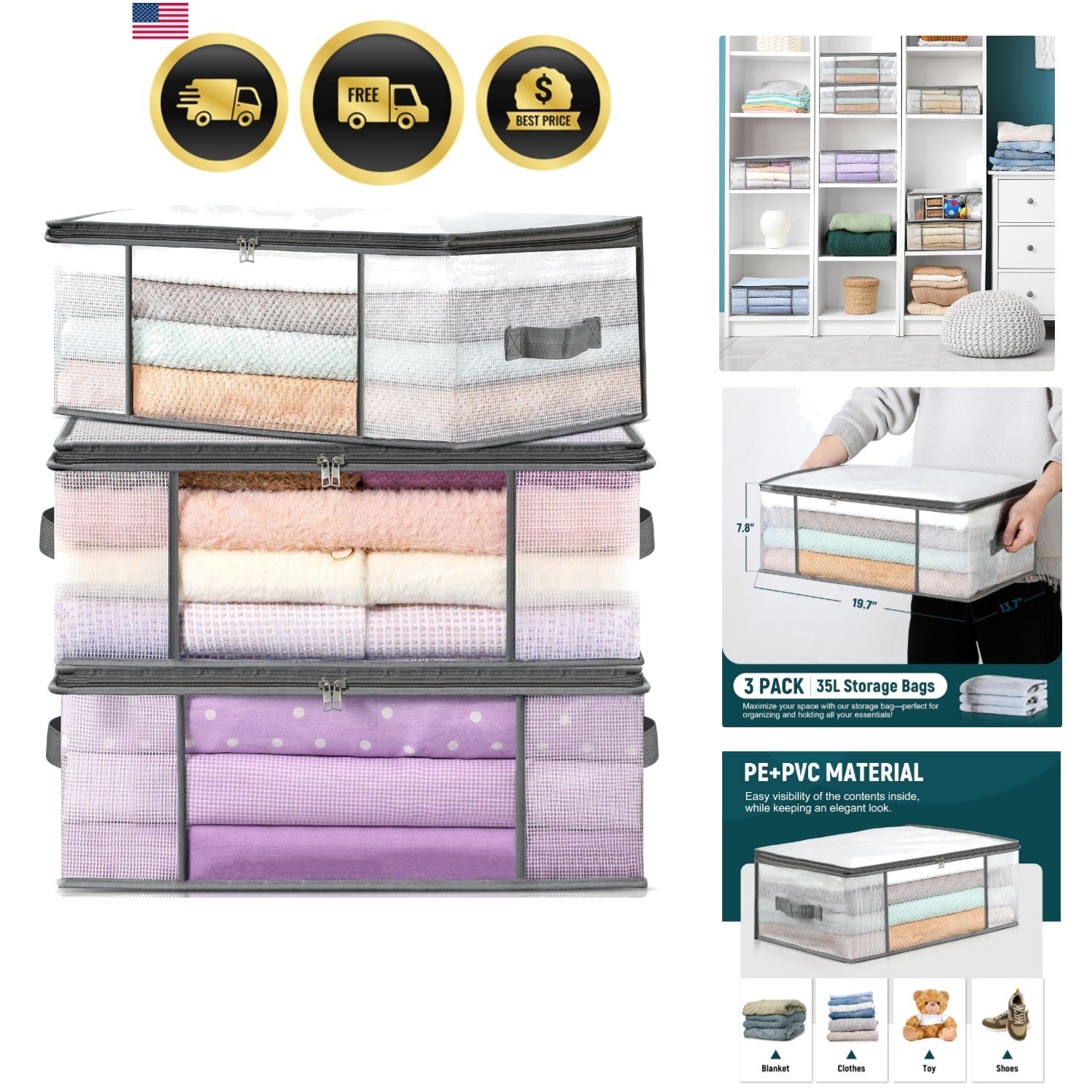 Clothes Storage Bags 3 Pack Large Capacity Closet Organizer Bags gallery