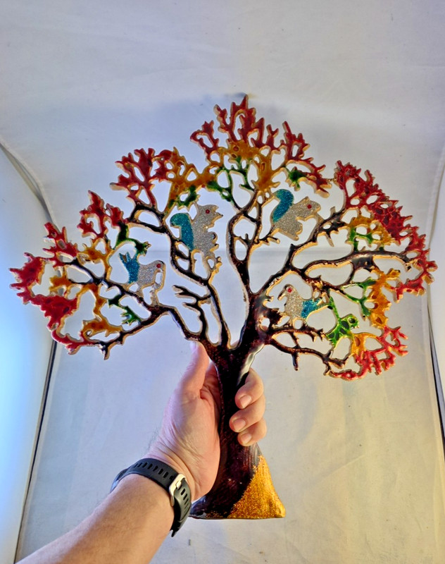 Authentic India Meenakari Enameled Metal Tree Art Woodland Squirrels Birds 16.5" gallery