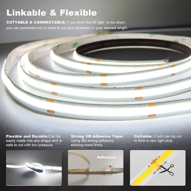 5V COB Led Strip Lights USB Powered 6000K Cool White CRI93+ 6Ft Led Tape Light w gallery
