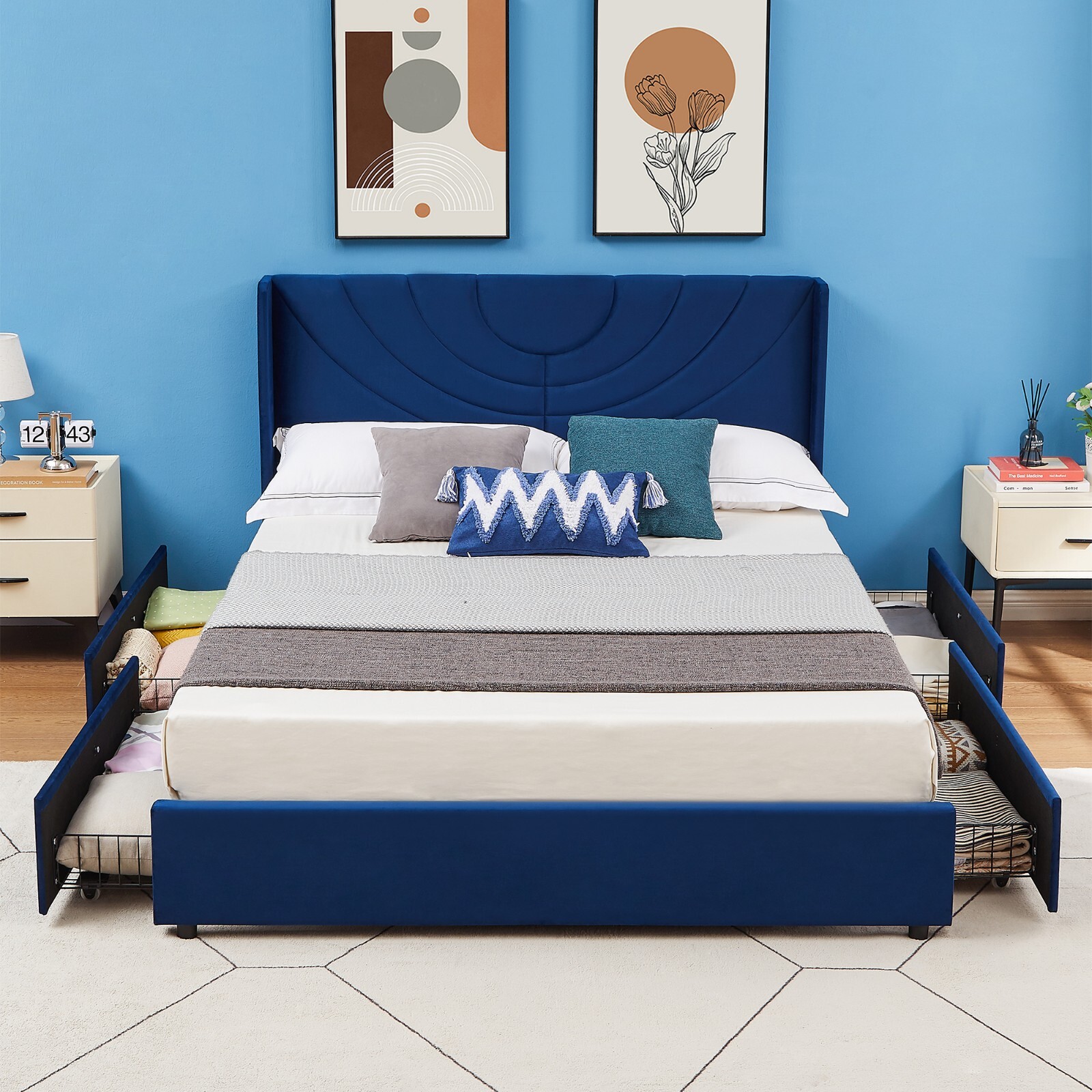 Full Queen Size Bed Frame with 4 Storage Drawers Easy Assembly Bed Blue/Pink gallery