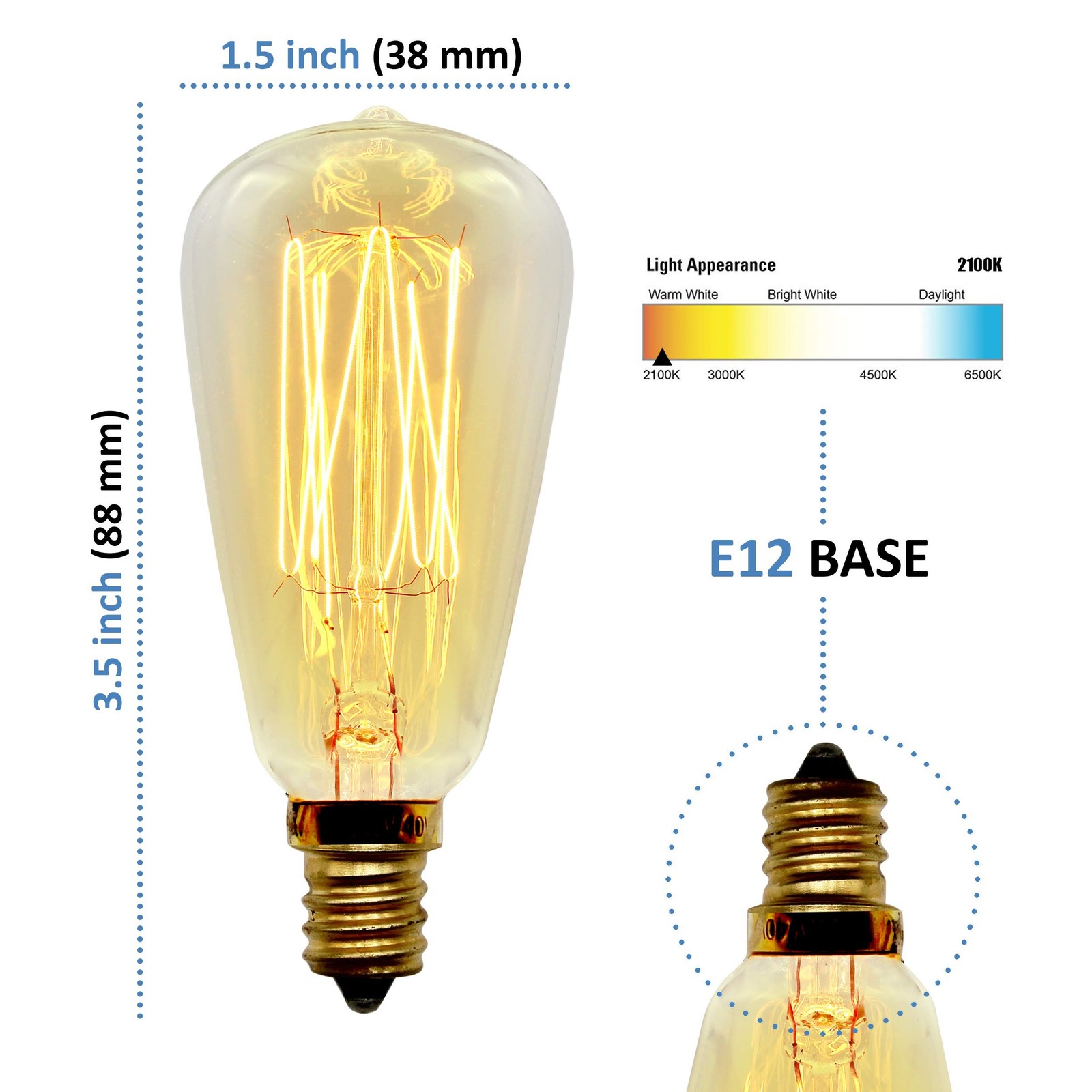 Vintage Retro Edison Bulb, ST38, 40w, E12 Base (Small), 2-Pack gallery