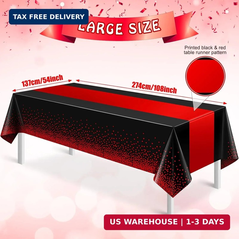 MASHAN 3Pcs Black and Red Tablecloth Party Decorations,Plastic Black Table Cloth gallery