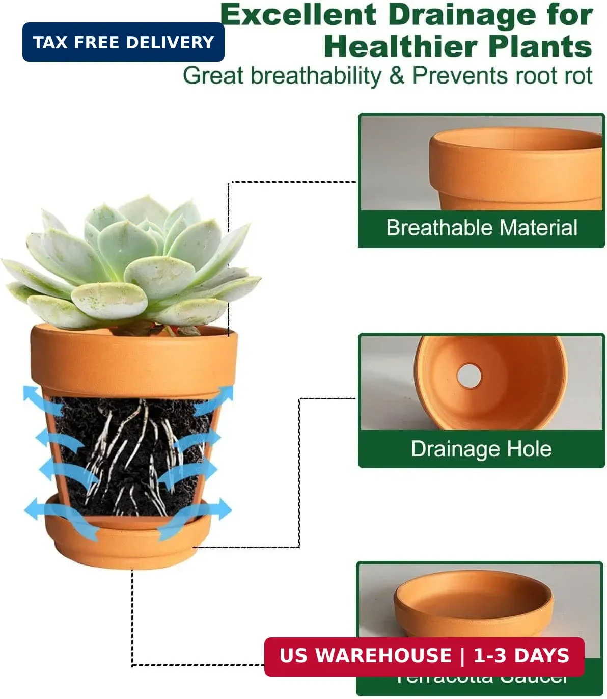 6 Inch Terracotta & Clay Plant Pots with Drainage Hole and Saucer- 4 Pack Medium gallery