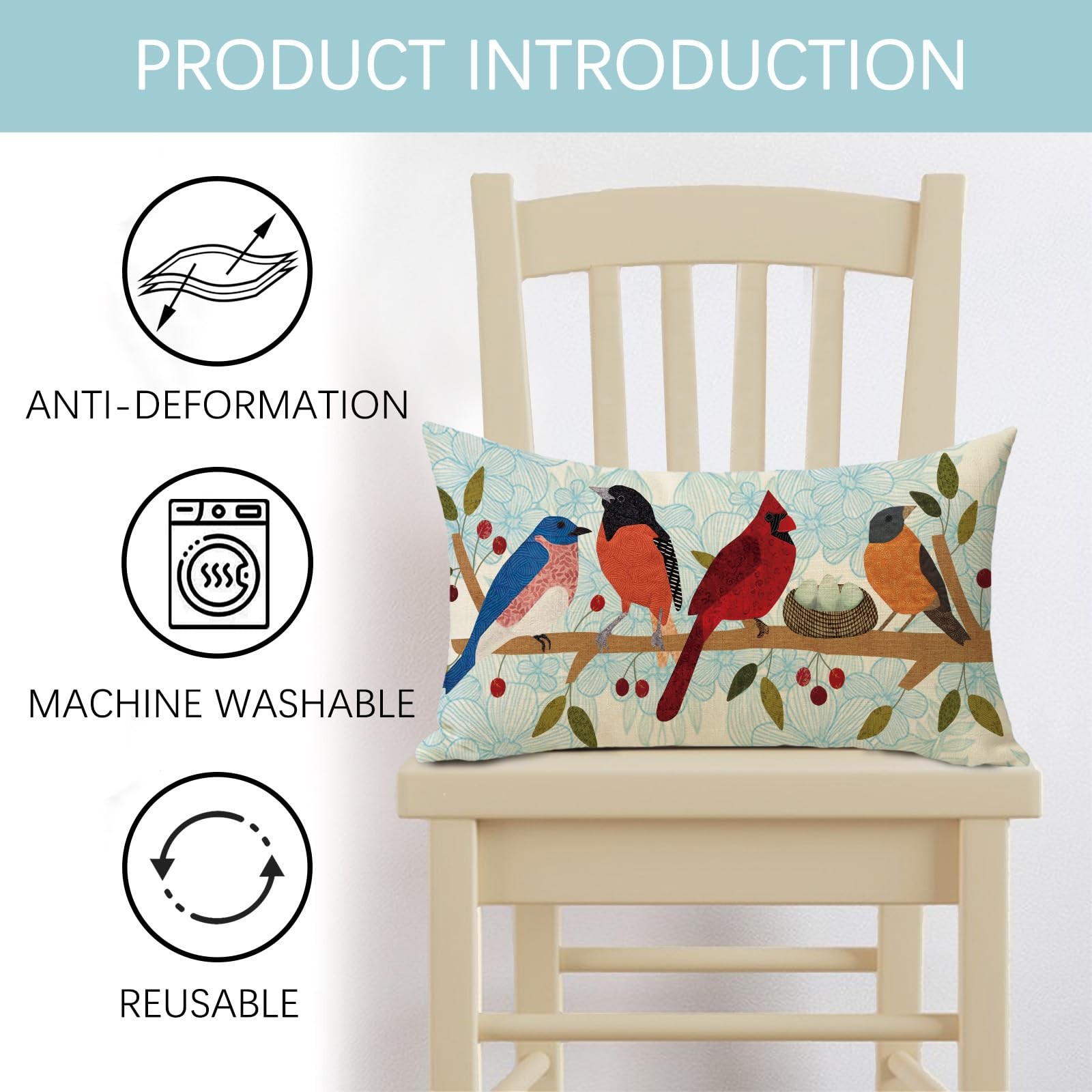 Spring Summer Birds Lumbar Decorative Throw Pillow Cover 12 x 20 Blue gallery