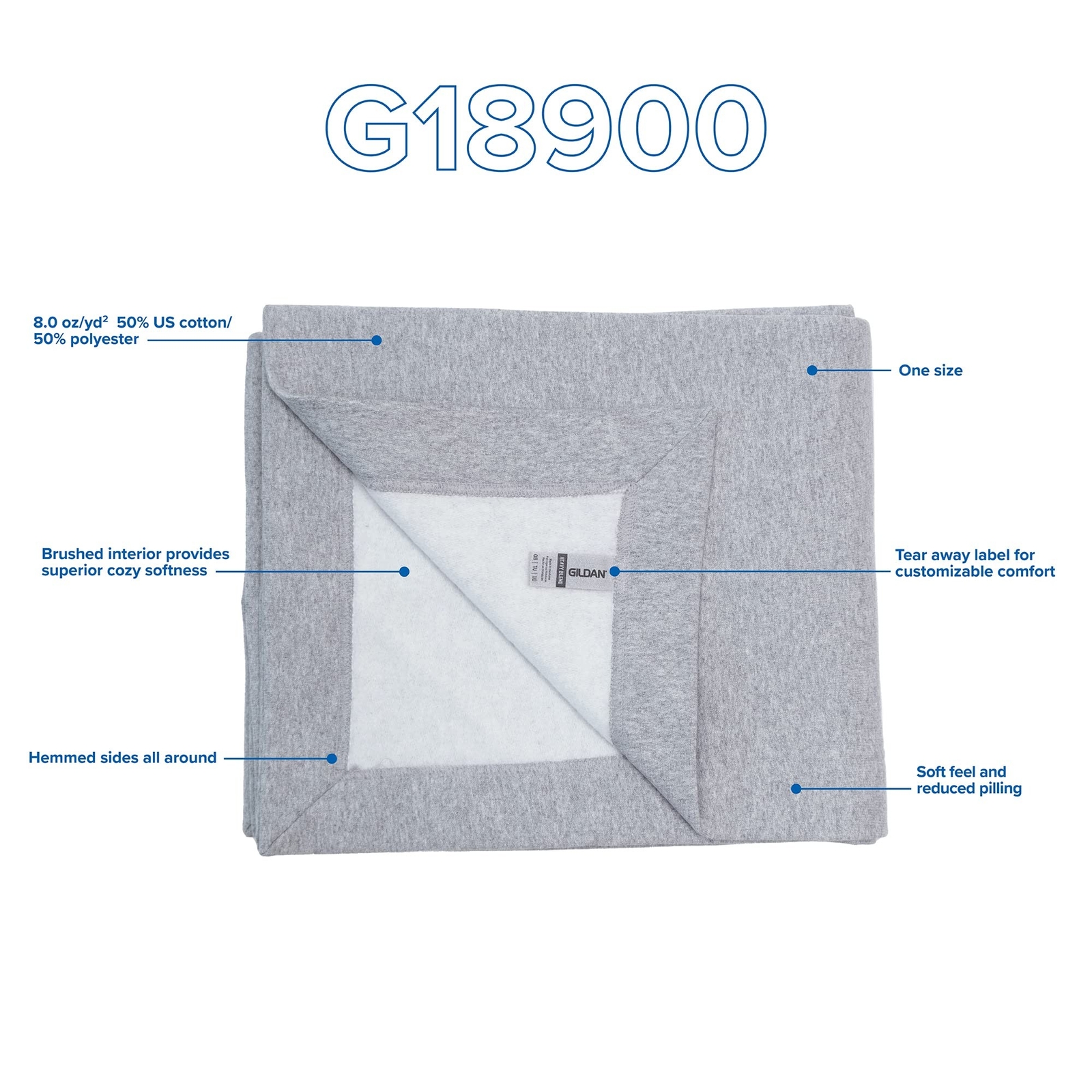 Gildan Heavy Blend Fleece Blanket, Style G18900, Sport Grey, 50" x 60" gallery