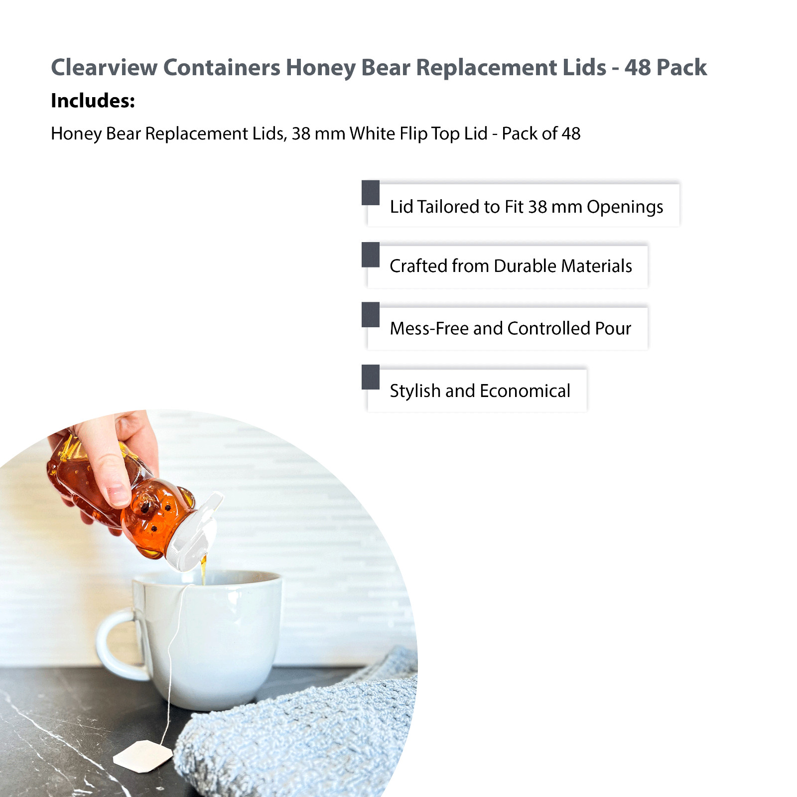 Clearview - 48 Pack, 38mm White Flip Top Honey Bear Replacement Lids - BPA Free gallery