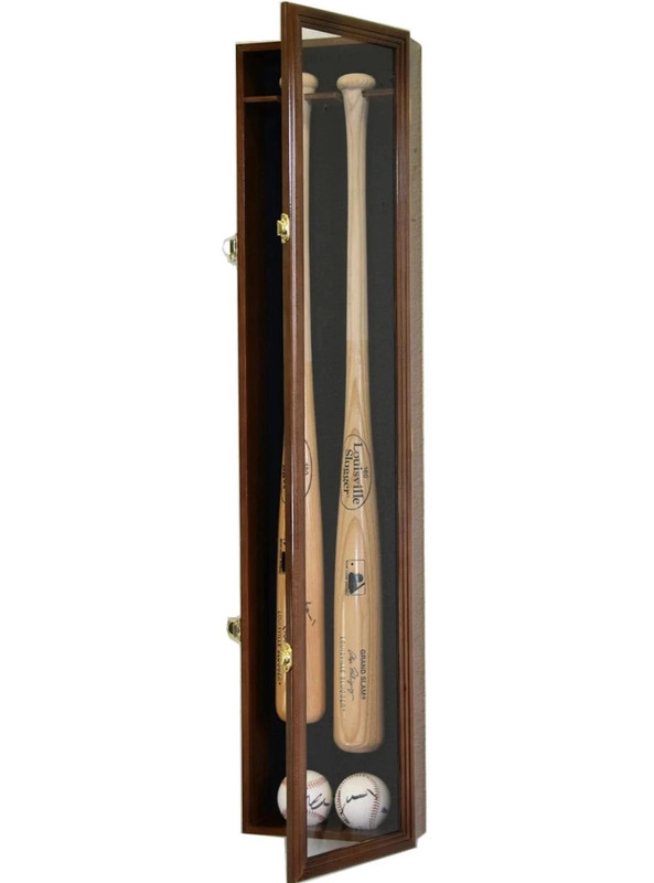 2 Baseball Bat Display Case Oak & Black Wood Ball Frame Wall Cabinet Shadow Box gallery