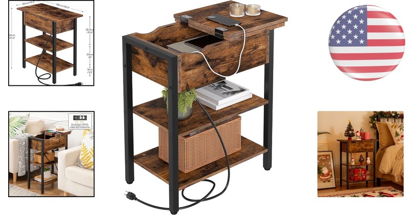Functional Rustic End Table with Charging Station and Easy Assembly Instructions gallery
