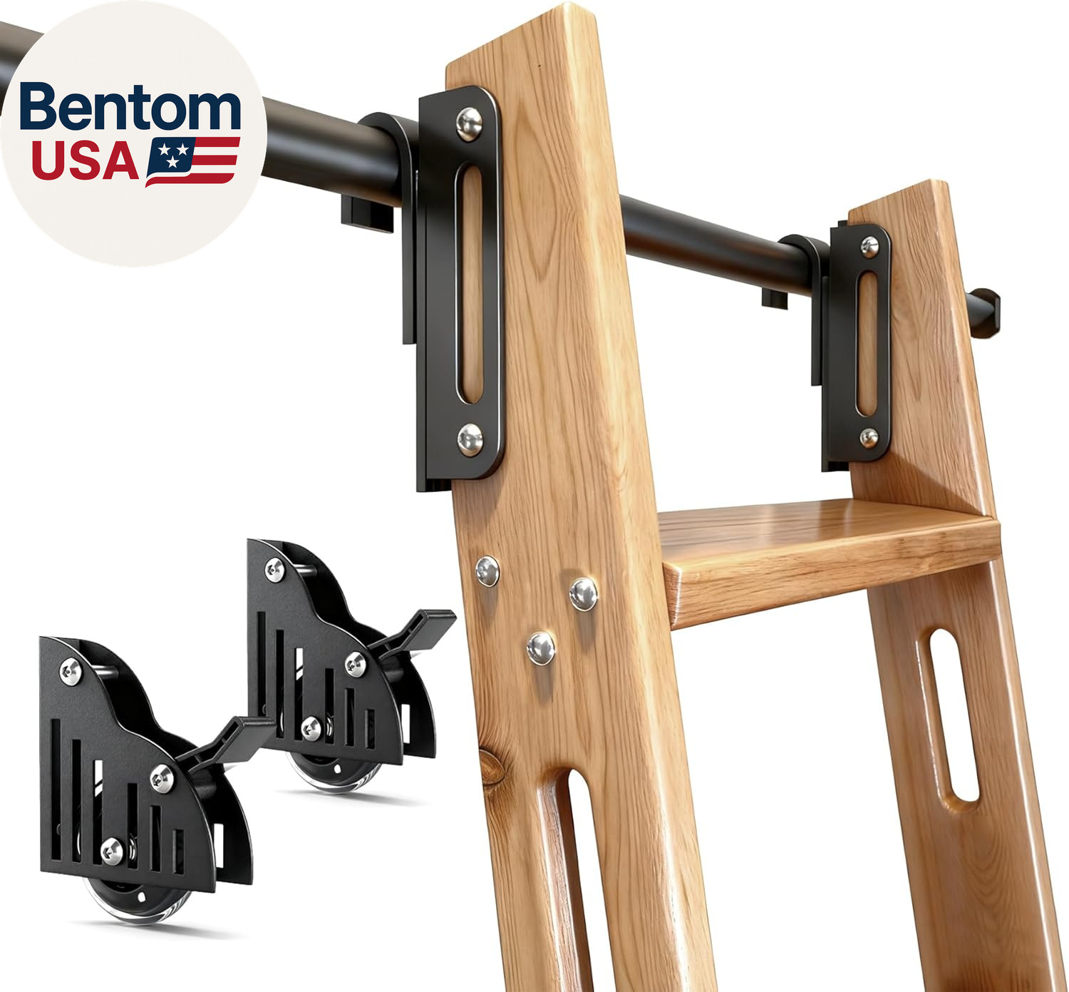 10FT Sliding Library Ladder Hardware Kit,Black Telescopic Top Hook,Bottom Wheel gallery