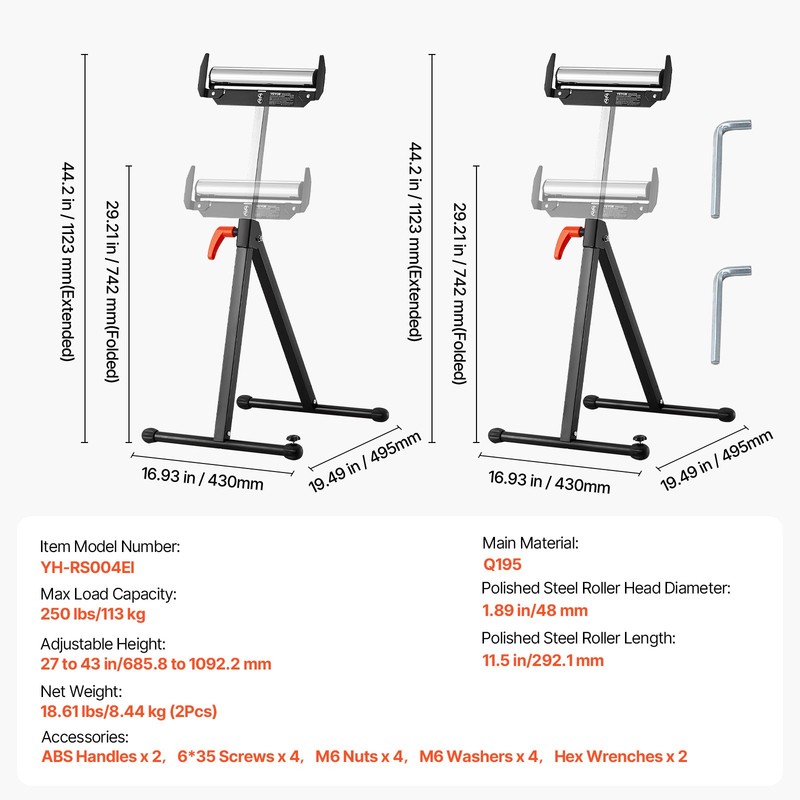 VEVOR 2-Pack Roller Stands Max 250 lb Adjustable Height 27-43 in for Woodworking gallery