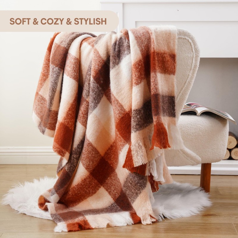 Rust Plaid Throw Blanket for Couch Bed, Soft Mohair Tartan Plaid Blanket, Far... gallery