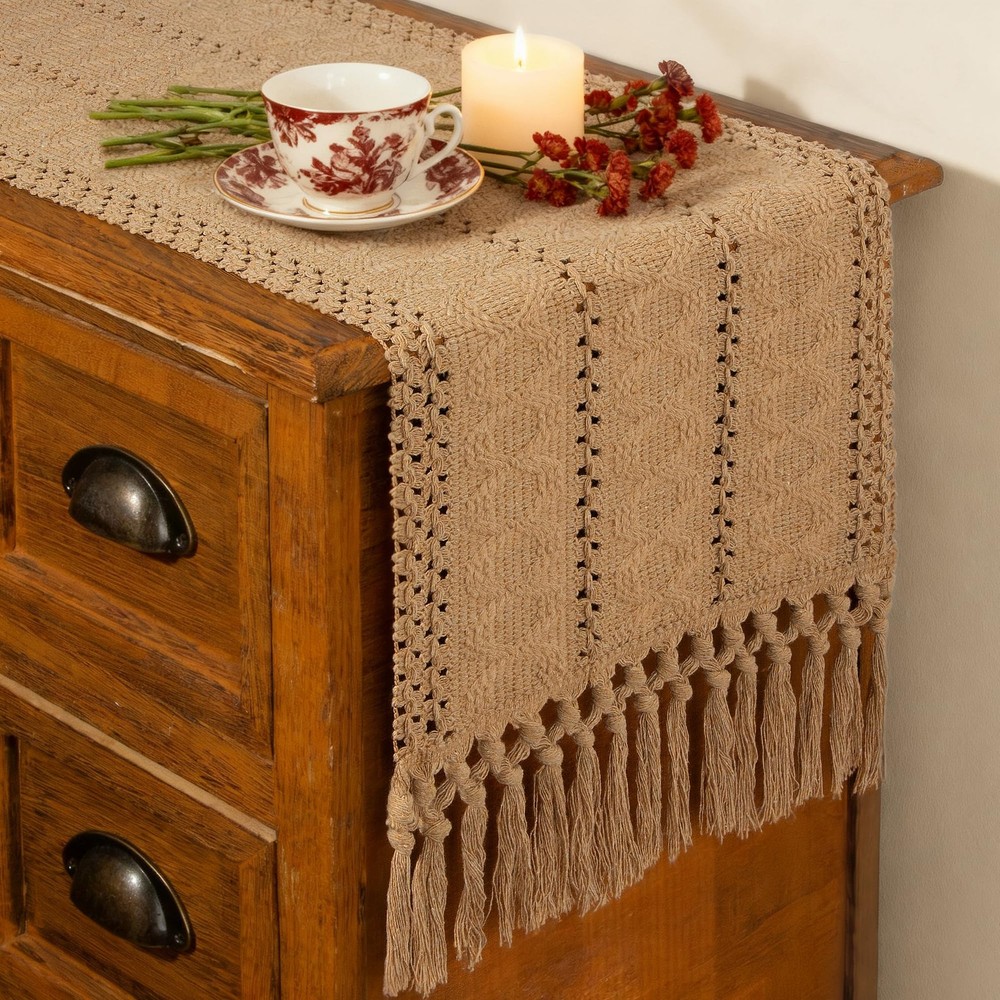 Brown Boho Table Runner Spring Burlap Coffee with Tassels 72 Inches Long for ...