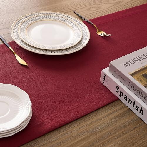 Linen Textured Border Table Runner, 14 x 48 Inch Farmhouse 14x48 Inch Red gallery