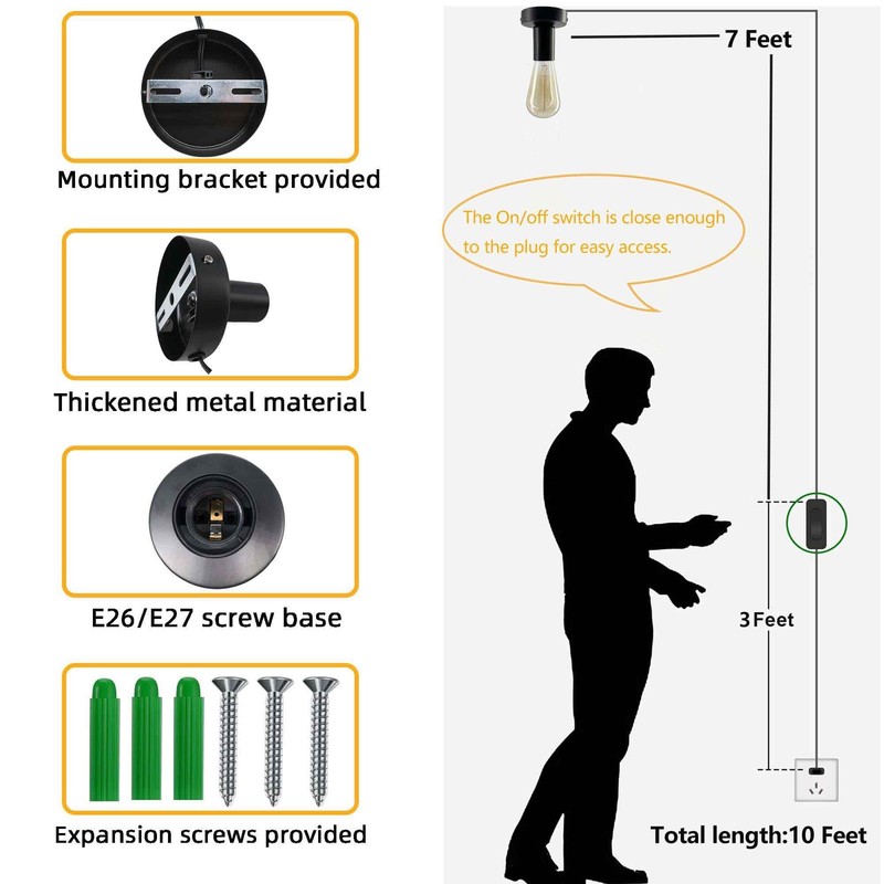 Black Metal E26/E27 Screw Light Socket with 10FT Extension Cord Hanging Light... gallery