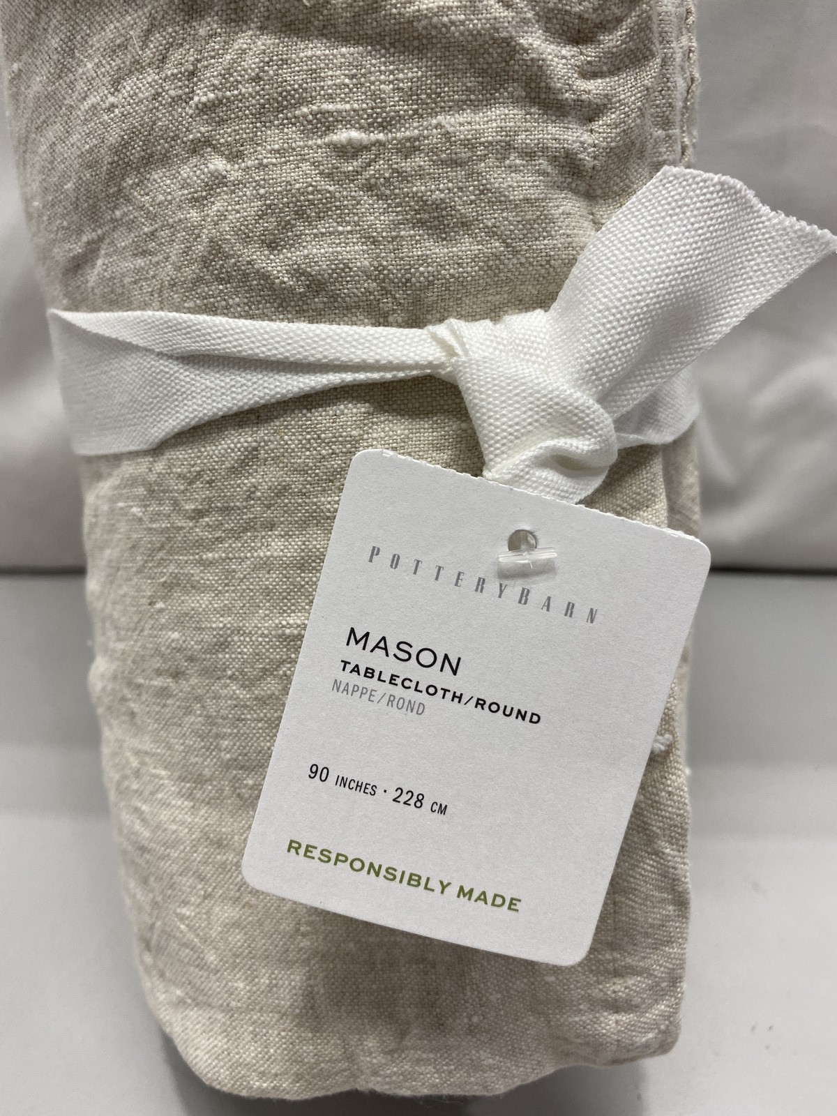 Pottery Barn Mason Round Linen Tablecloth In Flax 90in- New gallery