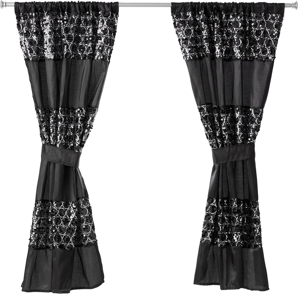 Popular Bath Sinatra Sequin Window Curtain with Tiebacks, Black, 36X54 Inches
