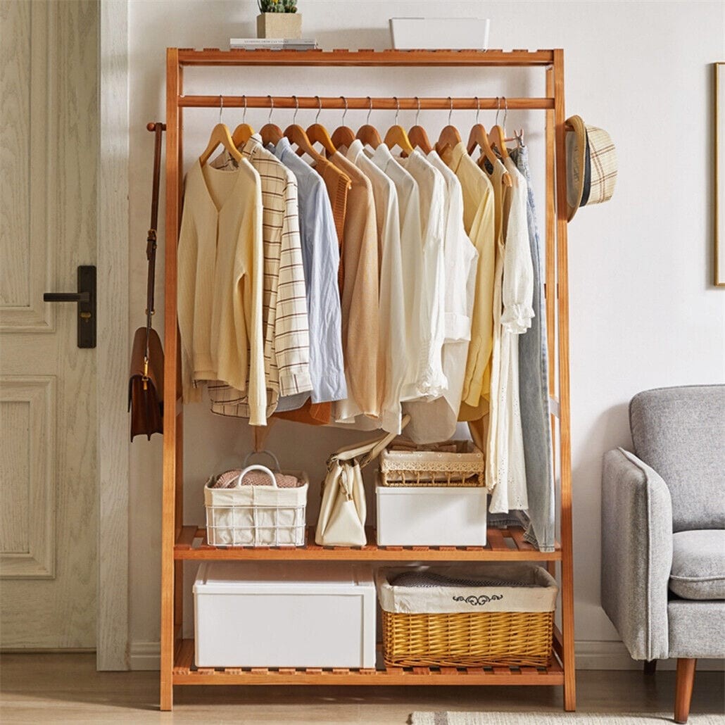 Bamboo Garment Rack Clothes Shelf Shoes Storage with Hooks Brown gallery