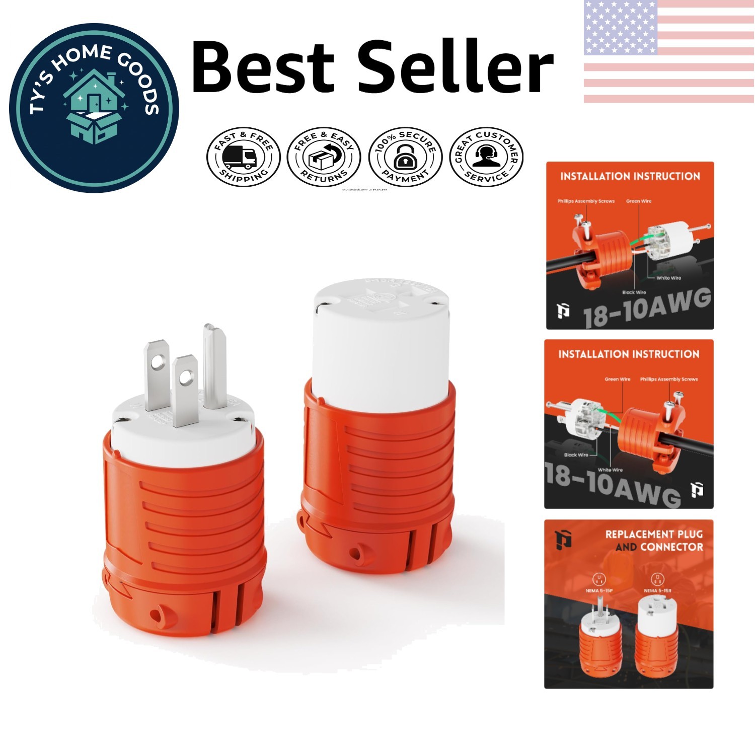 Adjustable 3-Prong Plug & Connector Set, Reliable for Home and Industrial Use gallery