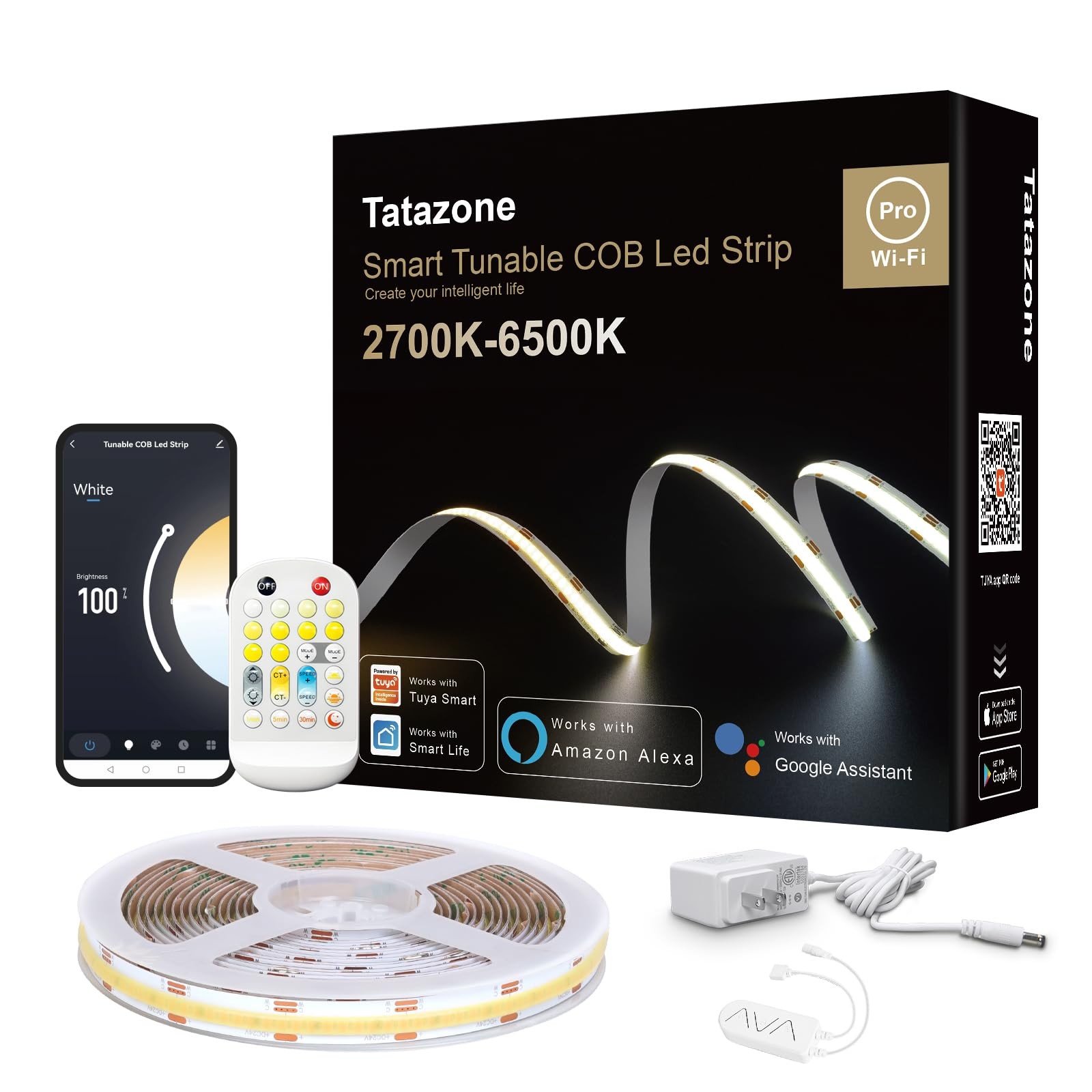 4.92ft Tunable White Smart COB Led Strip Light Kit, CCT 2700K-6500K Bright CO... gallery