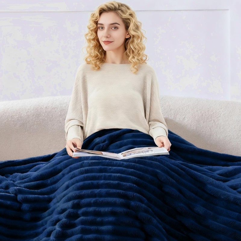 Navy King Size Blanket for Bed Soft Plush Ribbed Striped Fleece 108x90 Inch gallery