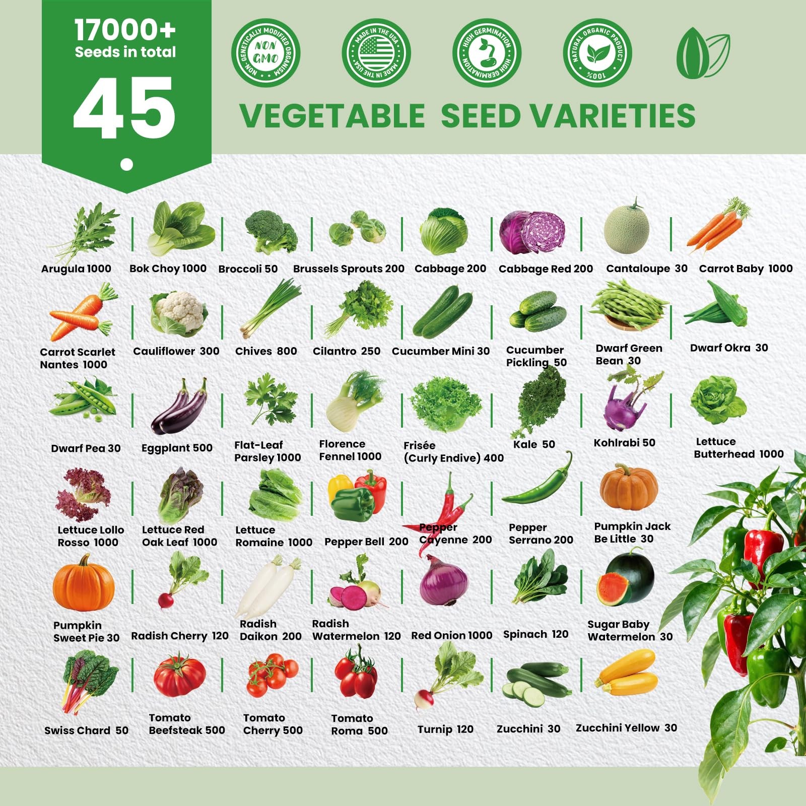 Fruivity 45 Vegetable Seeds Variety Pack - 17,000+ Heirloom for Planting Indo... gallery