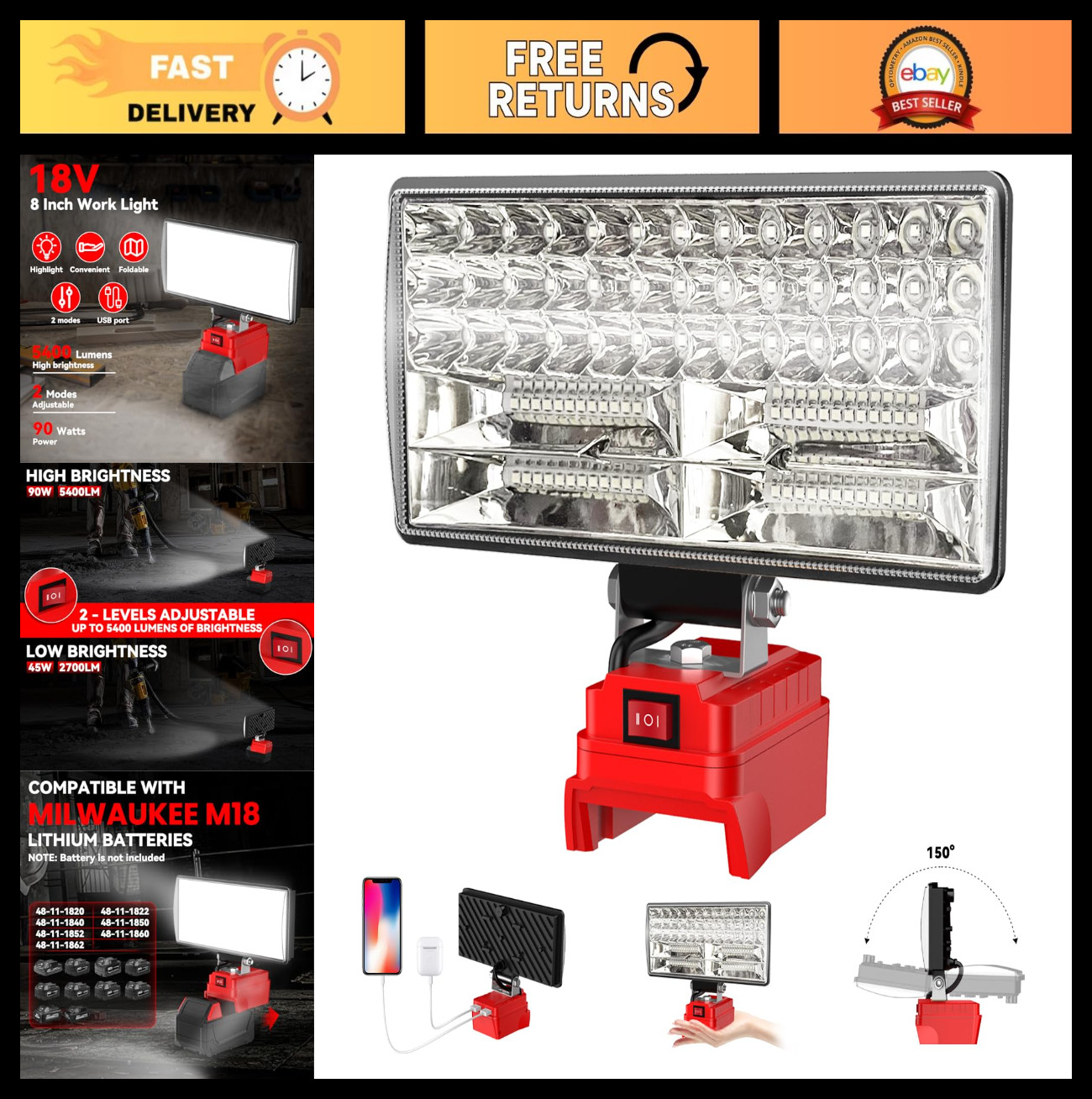 8" Cordless LED Work Light, 5400 Lumens, Adjustable Floodlight, USB Charging, Po gallery