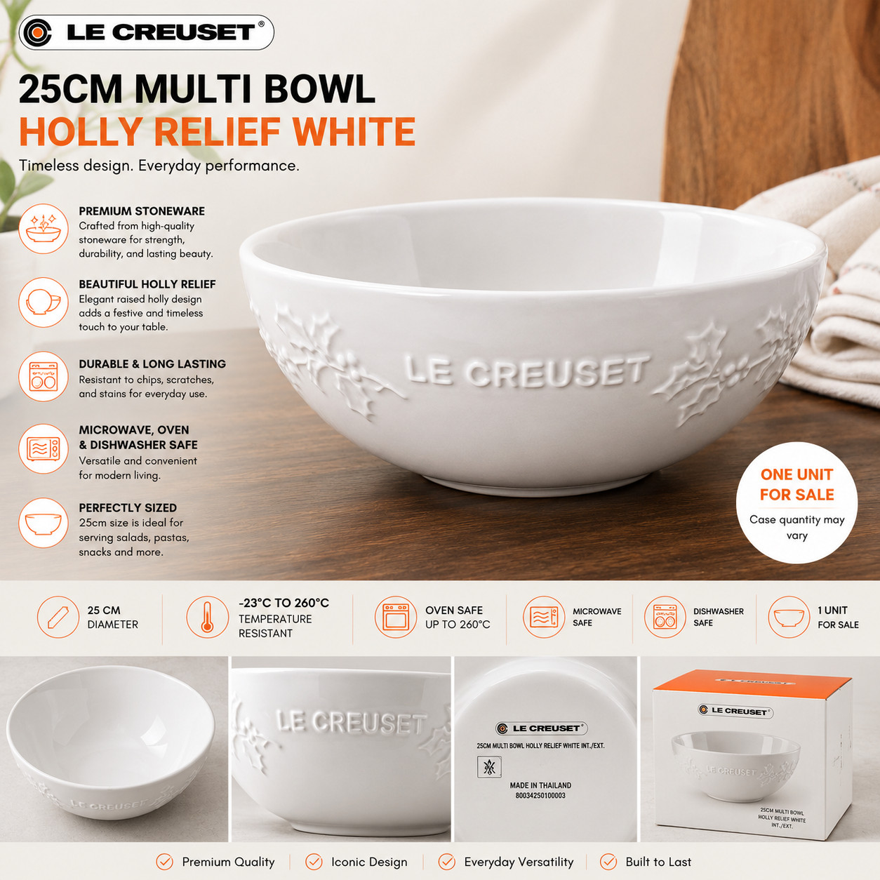 LE CREUSET 25cm Multi Bowl — Holly Relief White Stoneware · Embossed Holly Desi gallery