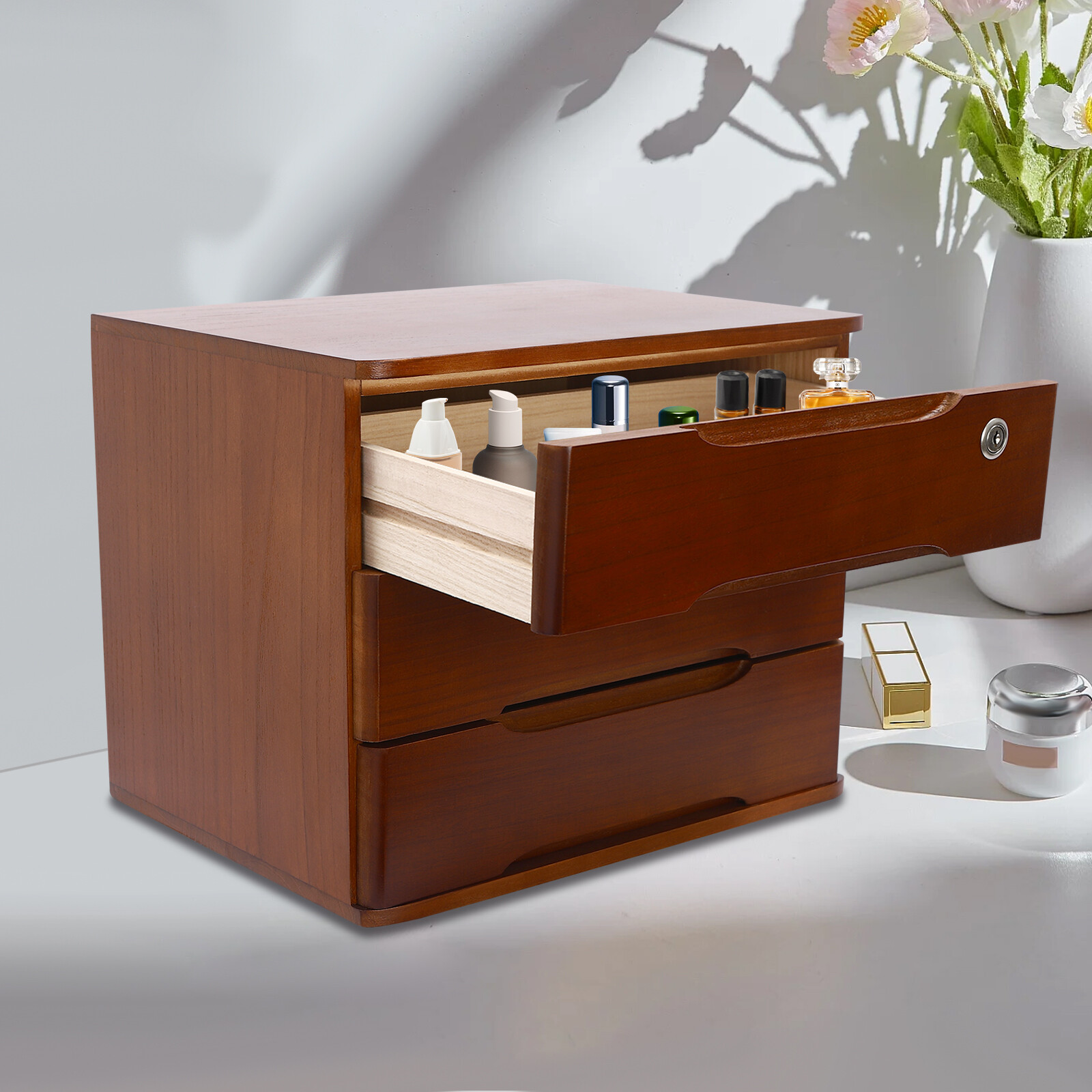 3-Tier File Cabinet Organizer Walnut Desktop Storage Box with Lockable 3 Drawers gallery