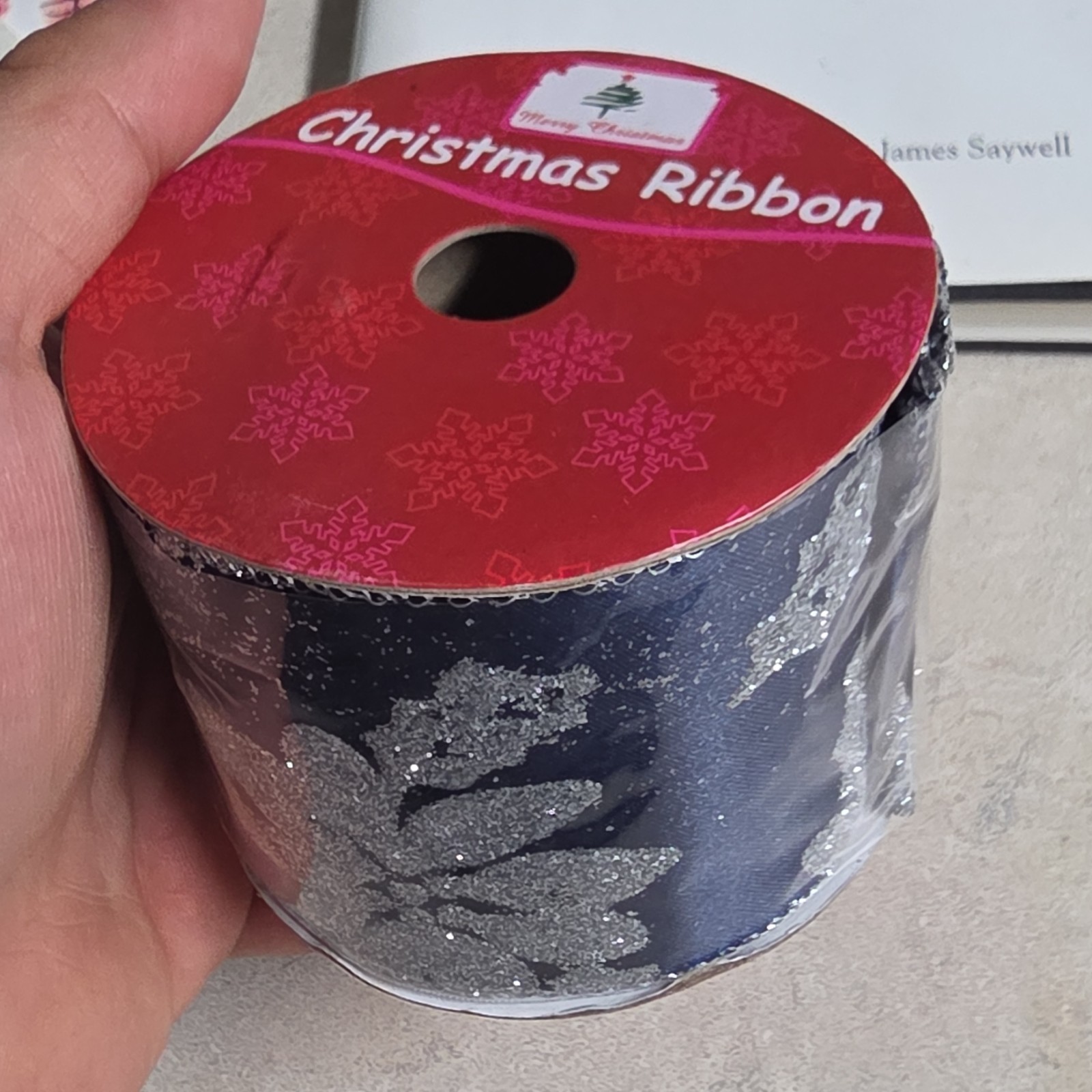 Christmas Wire-Edged Fabric Ribbon Blue & Silver Floral Pattern Less Than 3 in gallery