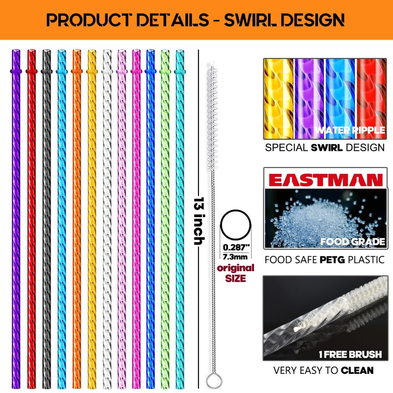 12Pack Reusable Plastic Clear Swirl Straws, 13" Extra Long Colorful Hard Plas... gallery