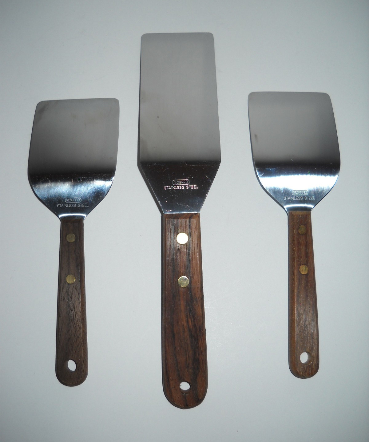 3 - Norpro Spatulas 8" (2), 10"(1) Stainless Steel, Wood Handles, as Shown, GUC gallery