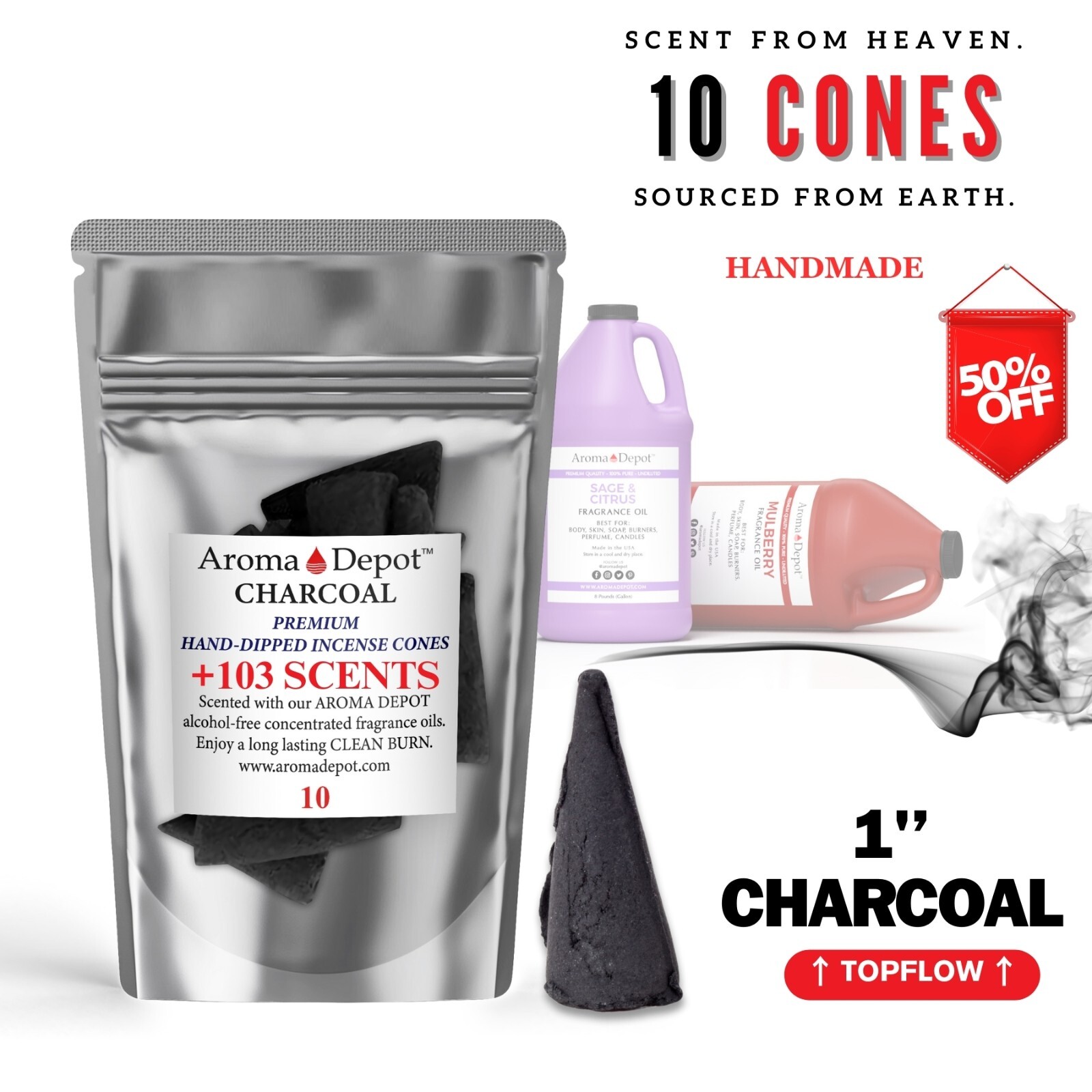 10 Charcoal Incense Cones 1'' Hand Dipped Natural Top Flow Smoke Wholesale Bulk gallery