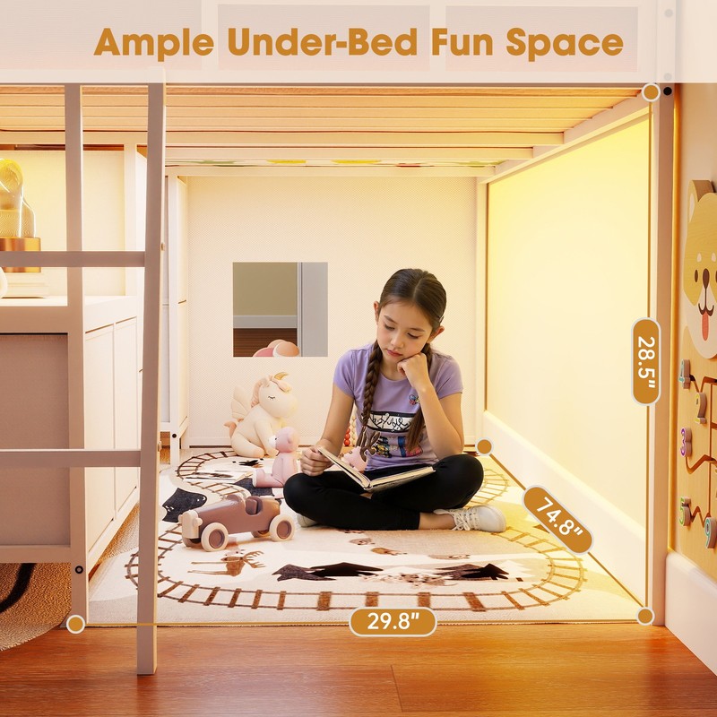 Low Loft Bed Twin Size with 7 Storage Drawers, Bookcase and LED Light，White gallery