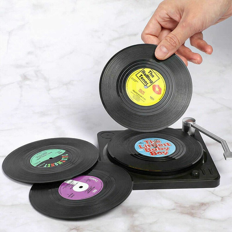 Vinyl Record Coasters for Drinks Retro Disk Coaster with Holder for Wooden Table gallery