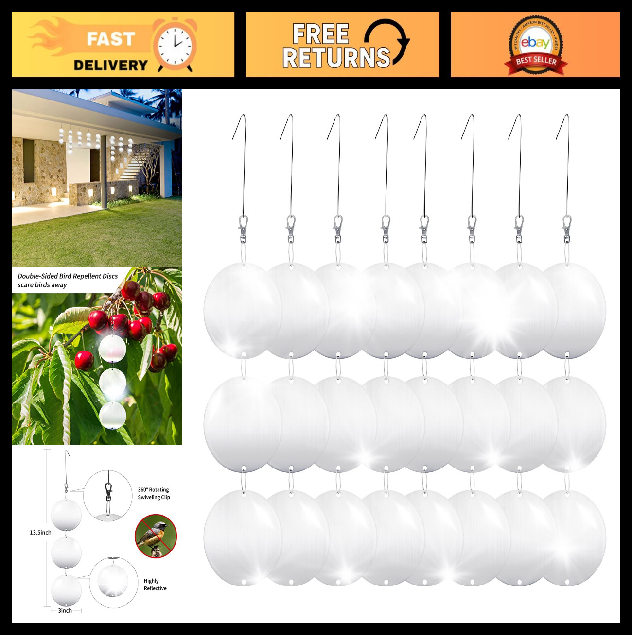 24PCS Reflective Bird Scare Discs - Double-Sided Deterrents for Garden, Patio, Y gallery