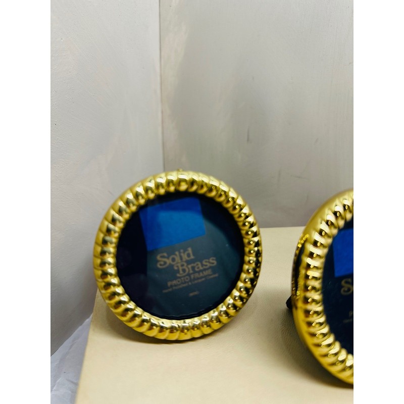Solid Brass Mini Photo Frame Set 3 Piece Vintage Gold Round Oval Rope Border gallery