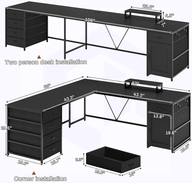 L Shaped Desk, 63" Computer Desk with 5 Drawer and Power Outlet Home Office Desk gallery