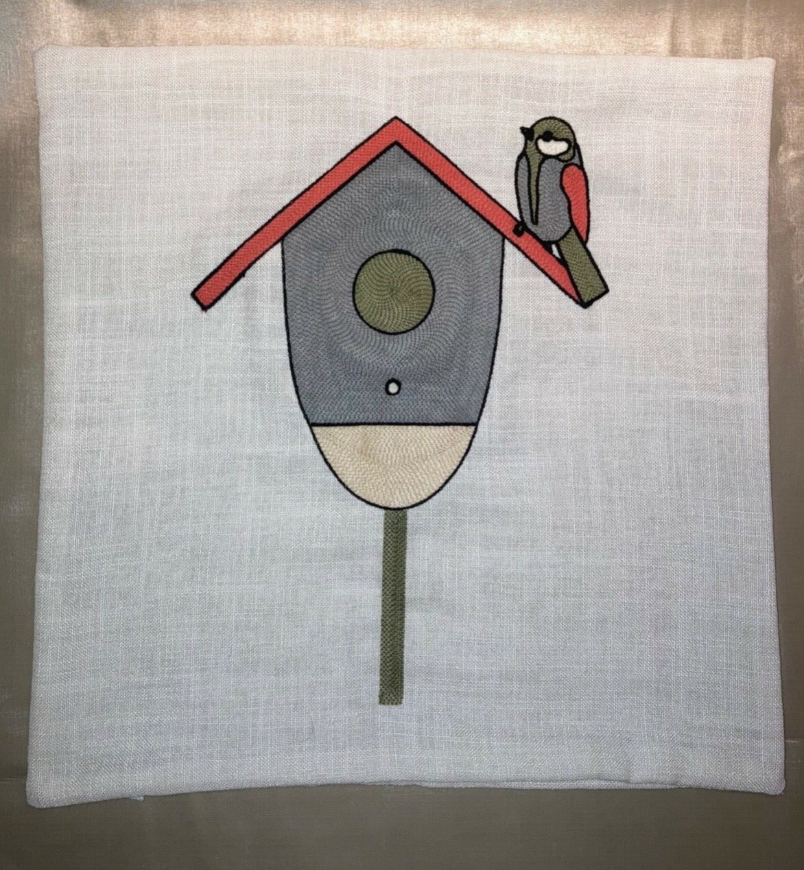 Bird & house embroidered  accent pillow case on textured linen like. 18”L x 18”W gallery