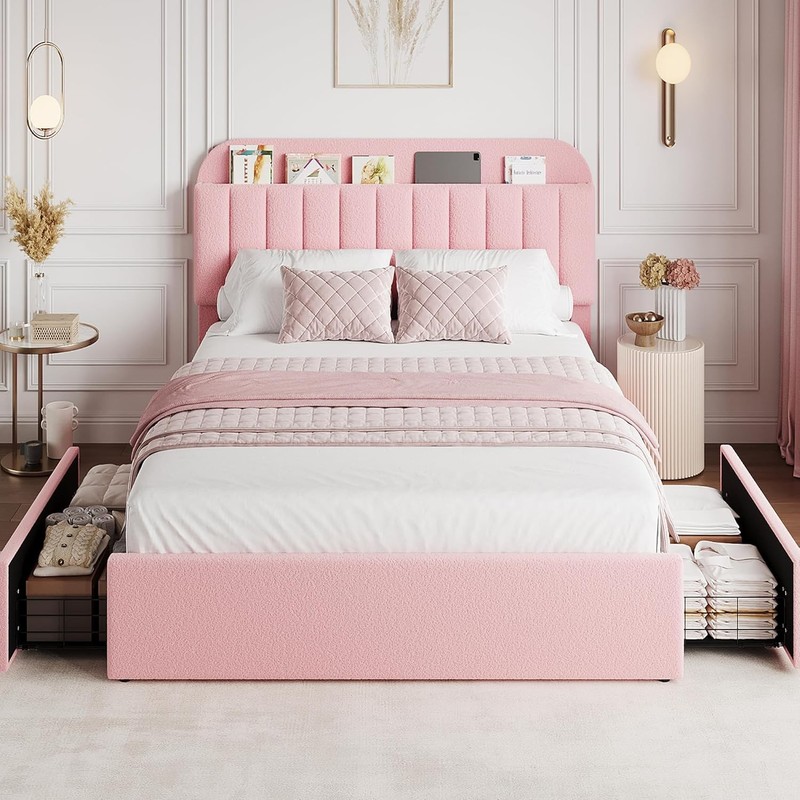 Full Queen Twin Upholstered Bed Frame & Headboard ,Platform Bed with 2 Drawers gallery
