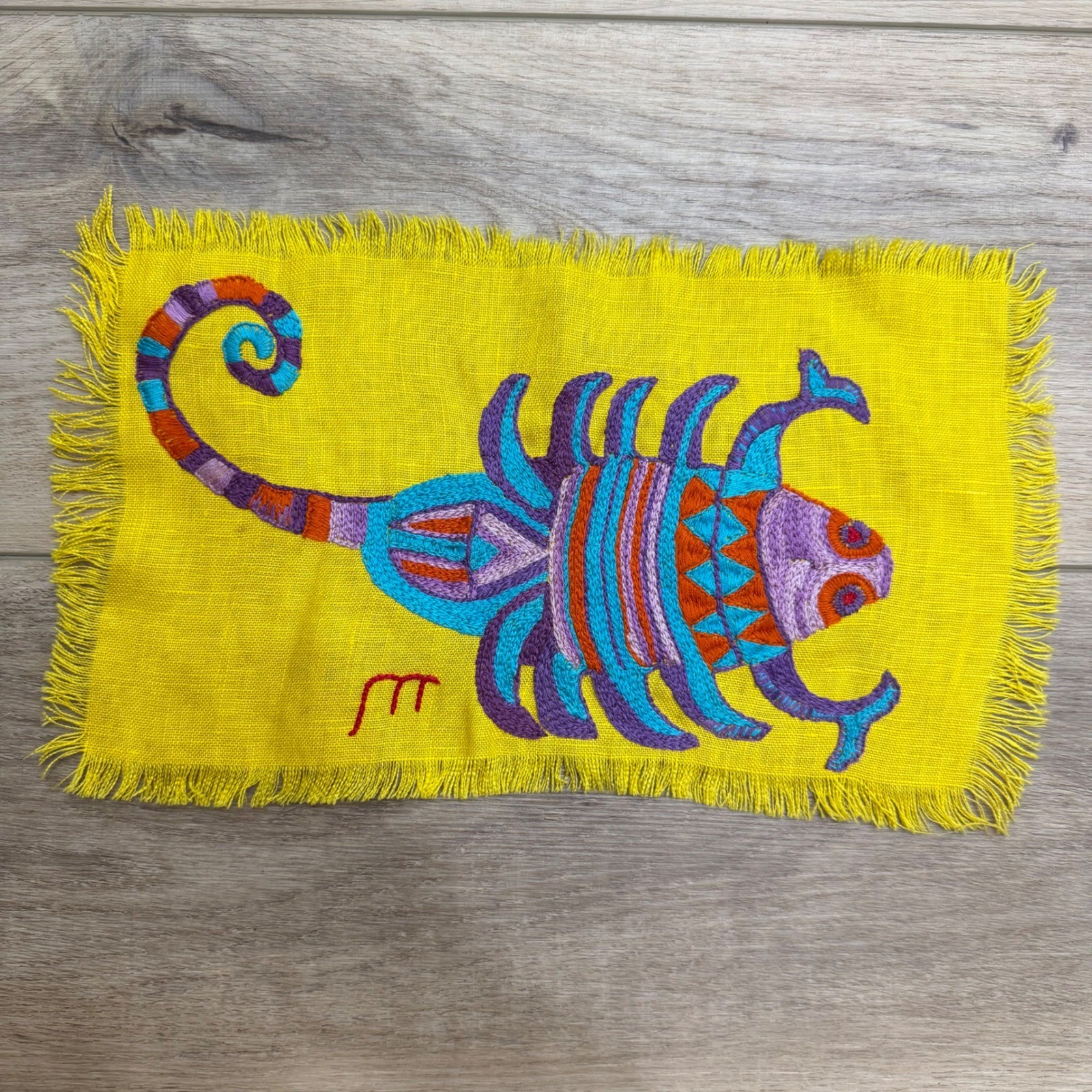 Vintage Embroidered Zodiac Scorpio Scorpion Linen Textile Yellow Boho Folk Art gallery