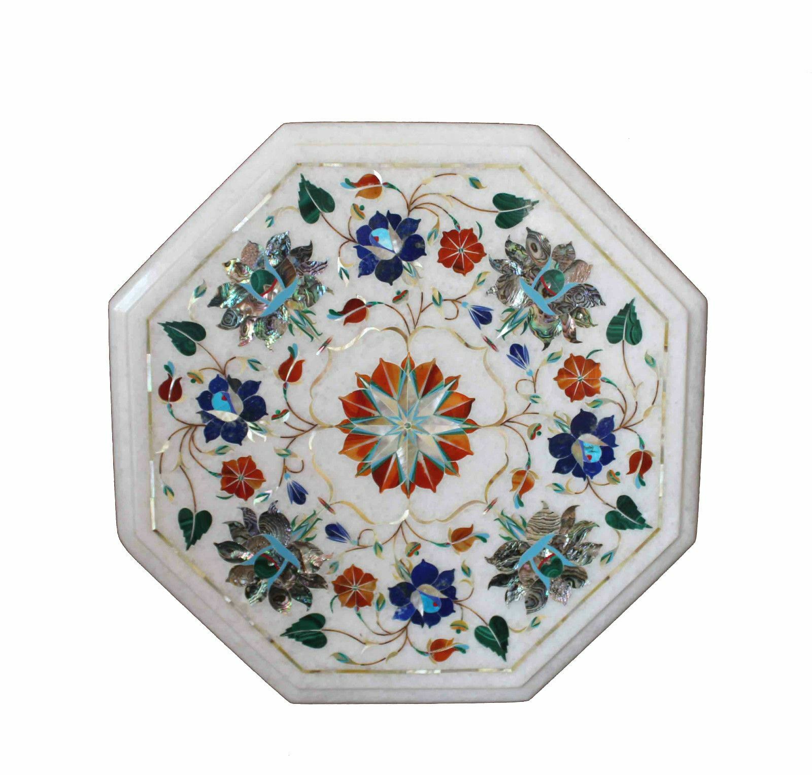 18" white marble Table Top Inlay Pietra Dura handicraft precious stones work h60 gallery