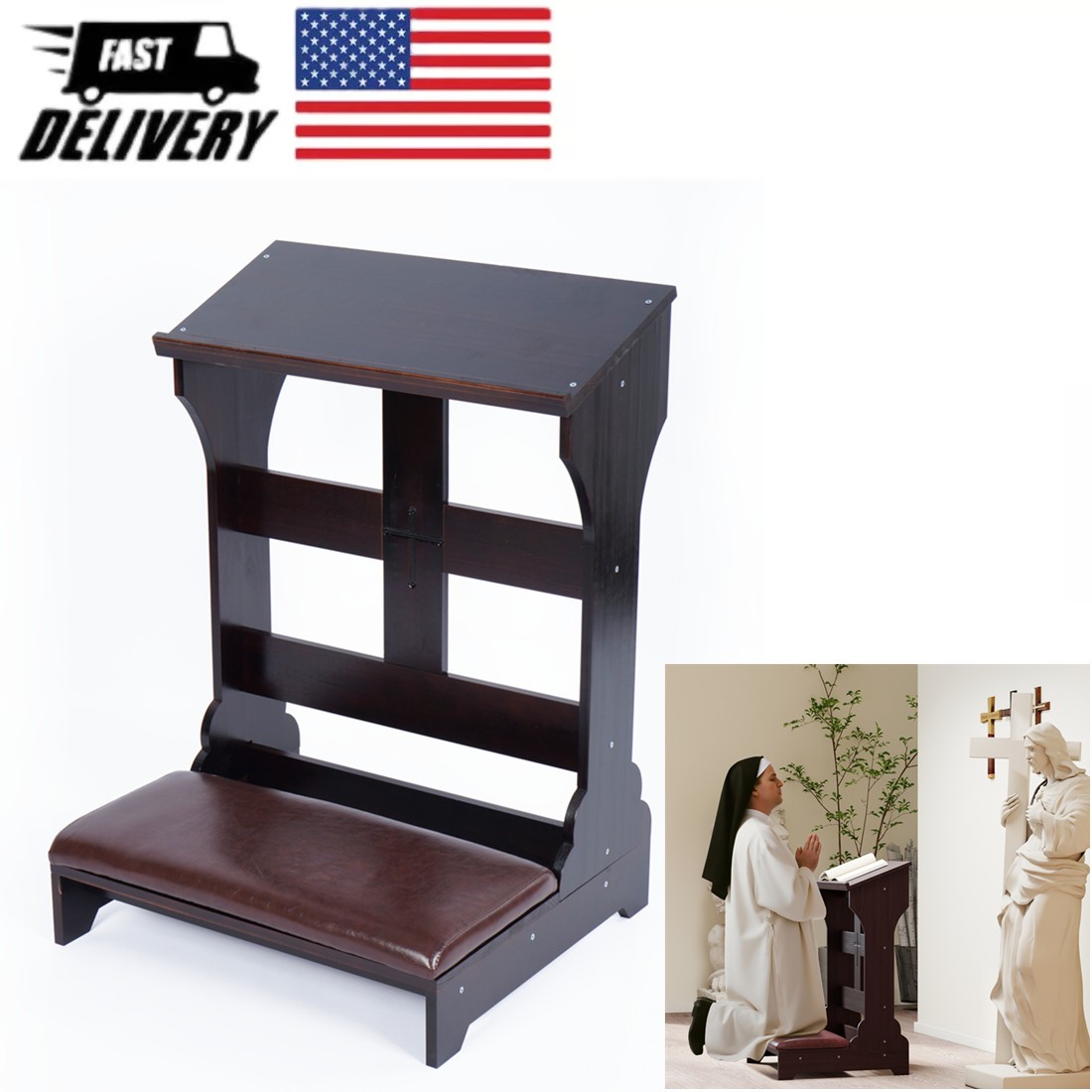 Prayer Bench Tool Table Chair Kneeler w/Cushion for Church Bible Reading gallery