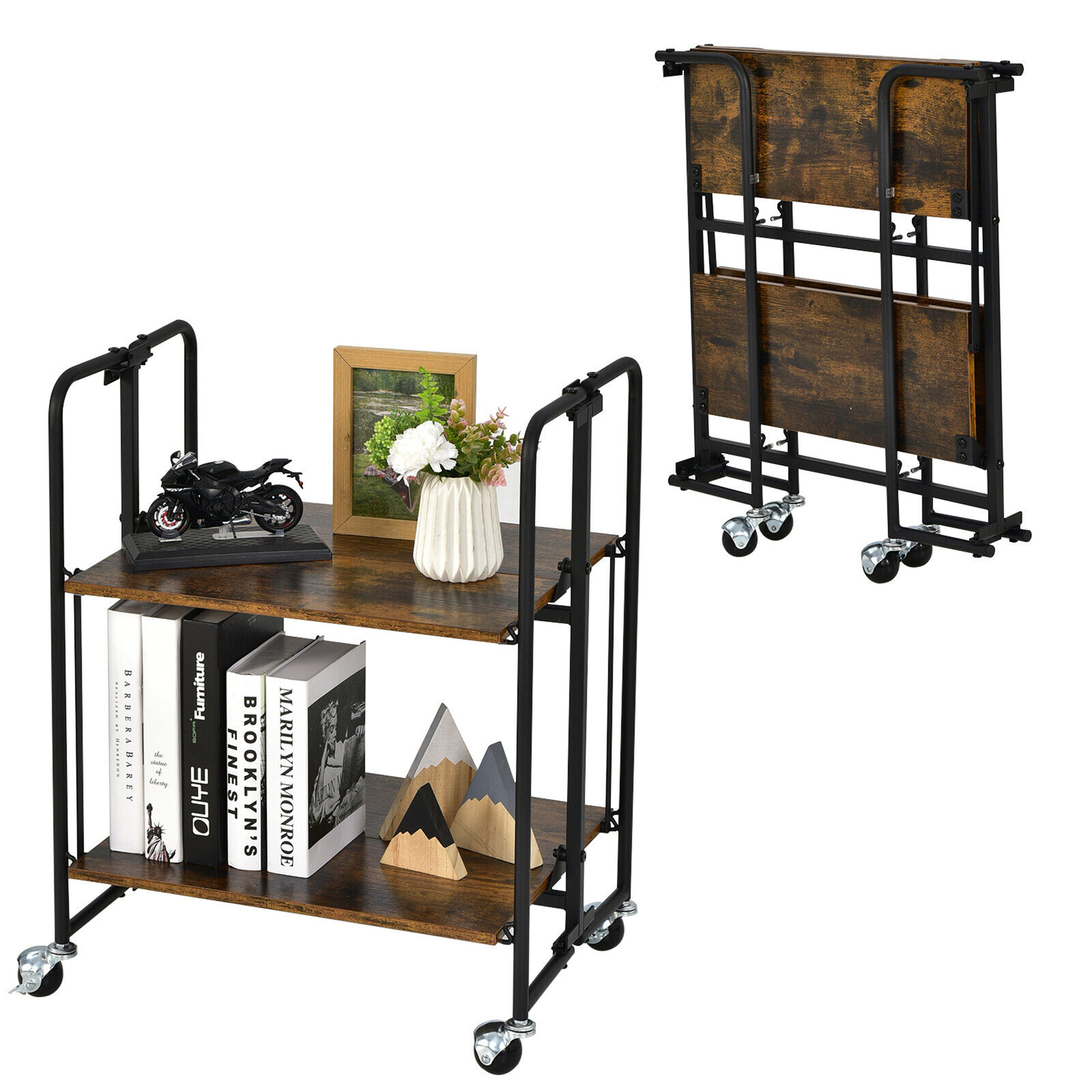 2-Tier Folding Bar Cart Kitchen Serving Island Utility Cart Storage Shelves gallery
