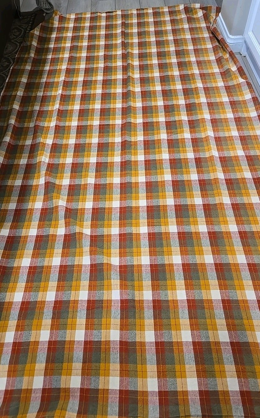 VTG Madras Fall Plaid Tablecloth Rust Brown Gold Cotton 94x56" EUC gallery