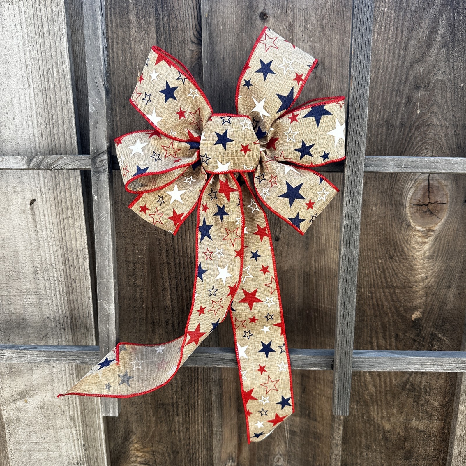 Rustic Linen Patriotic Wreath Bow - 10"Wx18"L, Red White Blue Stars, Made in USA gallery